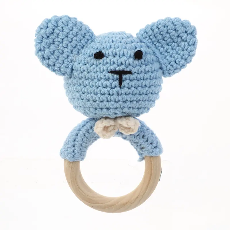 Wooden sound teething ring, crochet animal