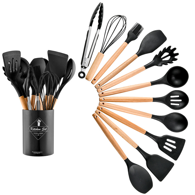 Kit de 11 ustensiles de cuisine en silicone et manches en bois