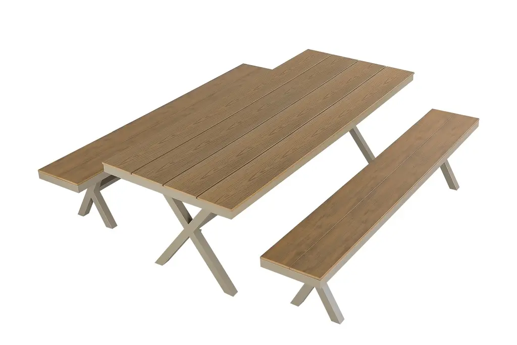 Garden table and 2 benches, aluminum and polywood frame
