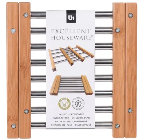 Extendable Bamboo and Stainless Steel Trivet 21.5-34.5 cm
