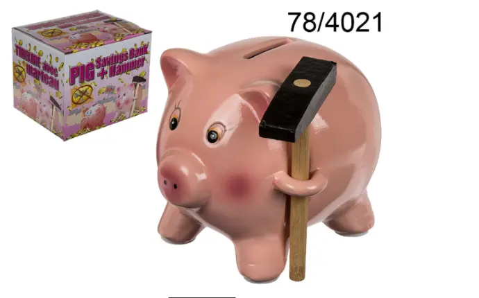 [09078-4021 ZT] Piggy bank, Pig with a hammer