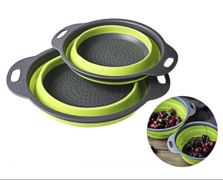 2 foldable colanders made of food-grade silicone. 29.5 cm and 25 cm.