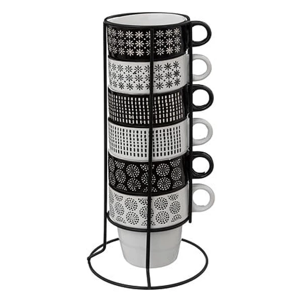 Rack of 6 Ethnic mugs, earthenware, 26cl, black & white