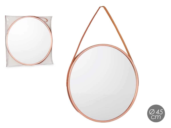[82001] Miroir rond avec poignée en simili-cuir bronze pet