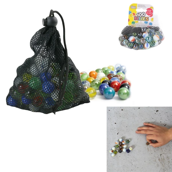 Bag of 100 multicolor glass marbles with shooter