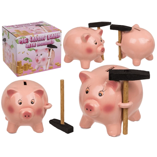 Piggy bank, pig with hammer, approx. 15 cm