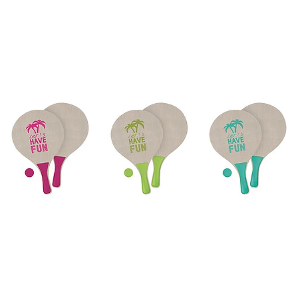 Wooden beach racket x2 + ball, 3-fold assorted