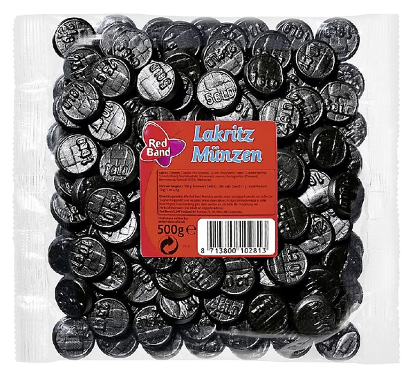 Red stripe licorice pieces, 500g bag