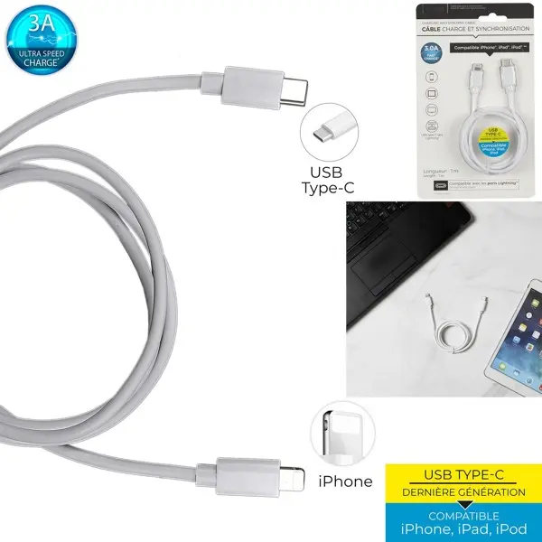 Cable charge ultra rapide 3a port usb-c