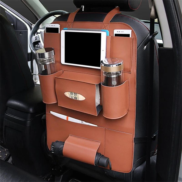 Car seat back organizer with multiple storage pockets