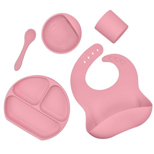[YY-005/rose] Magnifique kit complet rose pour le repas en silicone, sans BPA
