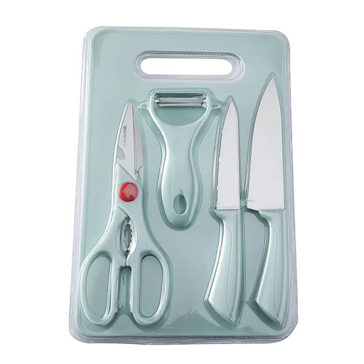 [5 K08] Kit de 2 couteaux, d'un éplucheur, d'une paire de ciseaux et sa planche à découper. Lames en acier inoxydables/ Coloris bleu.