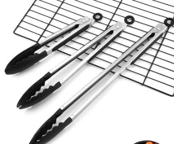 [tongs] Set de 3 pinces en acier inoxydable et silicone noir. 22/30/40 cm